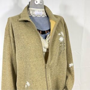 VTG zip front cardigan cotton sweater top made in USA floral daisy embroidered